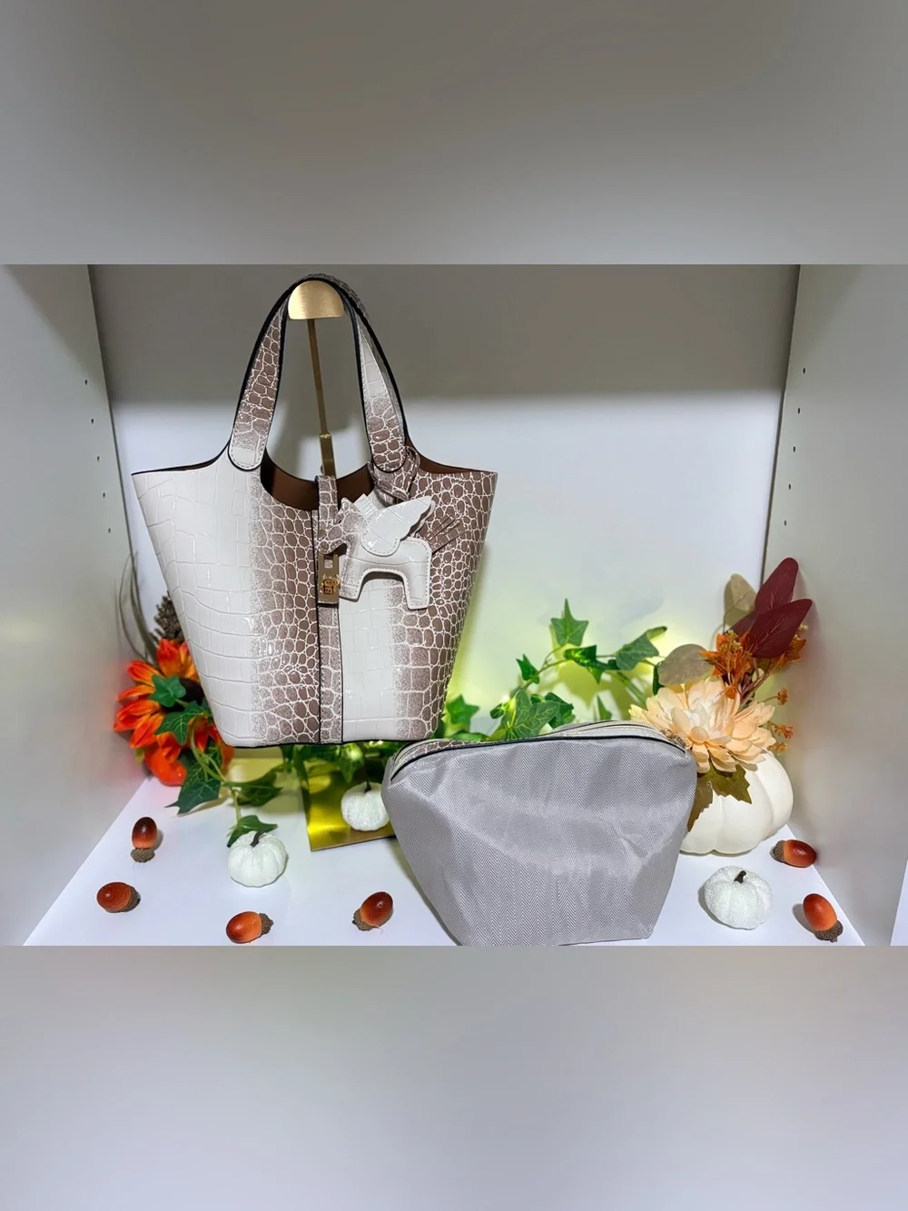 Croc-Embossed Two-Tone Tote Bag with Charm - White & Taupe